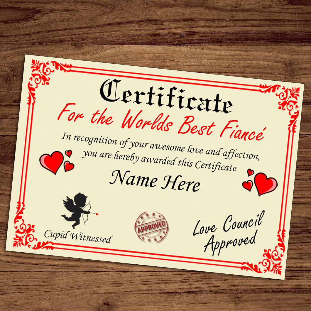 Personalised Best Fiancé Certificate, Perfect Birthday, Valentine's Day, Anniversary Fiancé Gift/Print