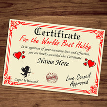 Load image into Gallery viewer, Personalised Best Hubby Certificate, Perfect Birthday, Valentine&#39;s Day, Anniversary Hubby Gift/Print
