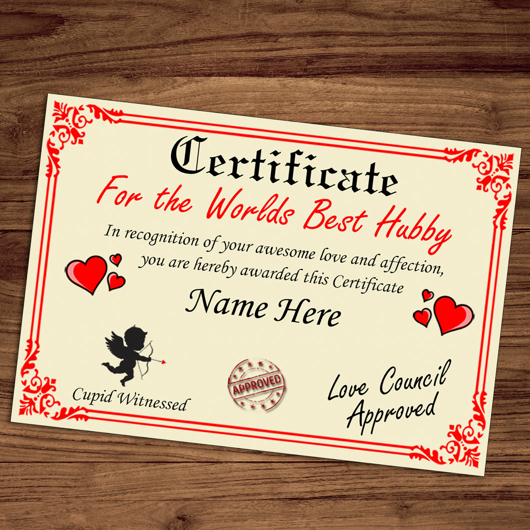 Personalised Best Hubby Certificate, Perfect Birthday, Valentine's Day, Anniversary Hubby Gift/Print