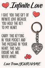 Load image into Gallery viewer, Personalised Infinite Love Tibetan Heart Metal Keyring/Bag Tag, Send Love from Me to You Gift
