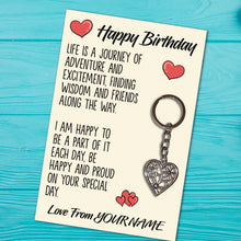 Load image into Gallery viewer, Personalised Happy Birthday Tibetan Love Heart Metal Keyring/Bag Tag, Send Love from Me to You Gift
