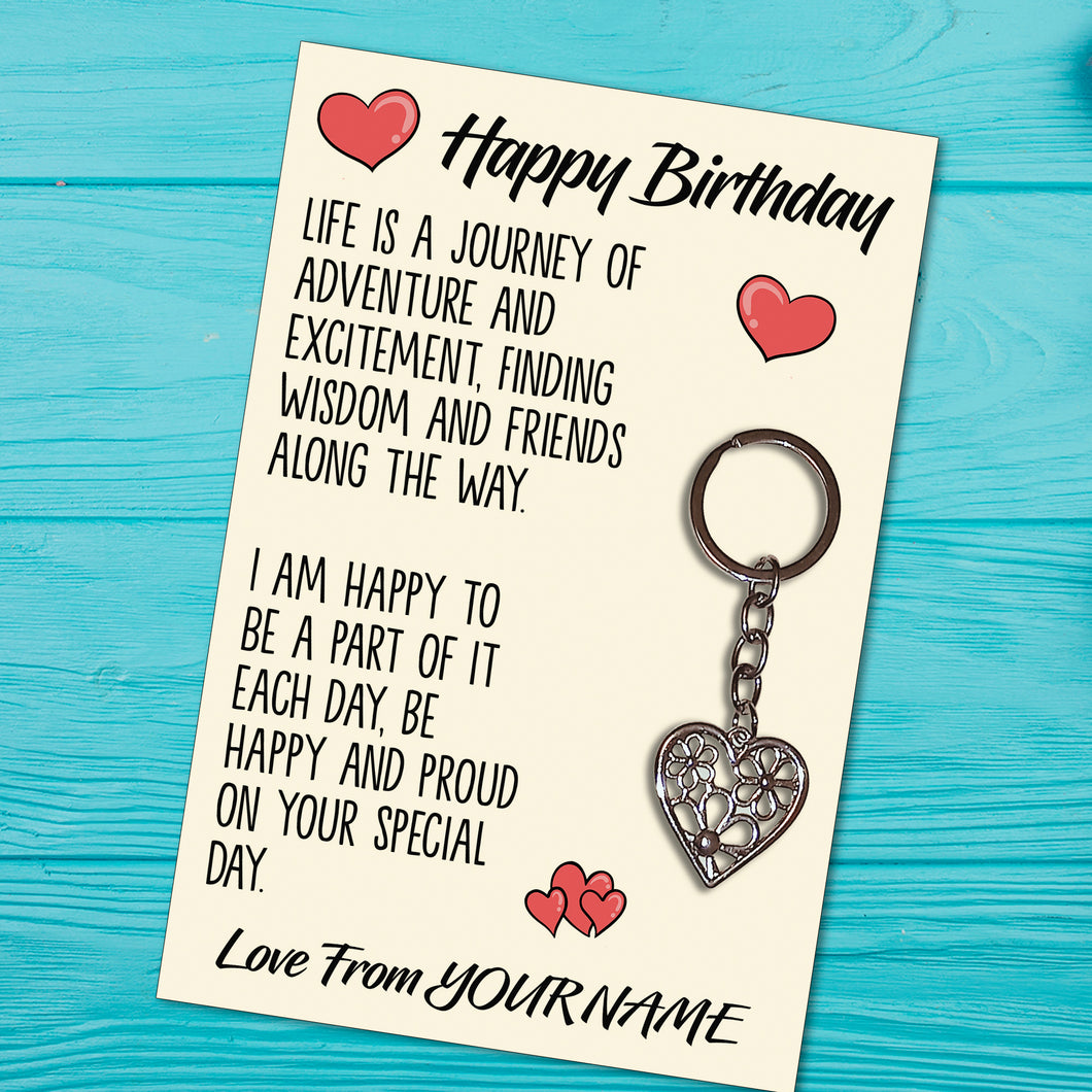 Personalised Happy Birthday Tibetan Love Heart Metal Keyring/Bag Tag, Send Love from Me to You Gift
