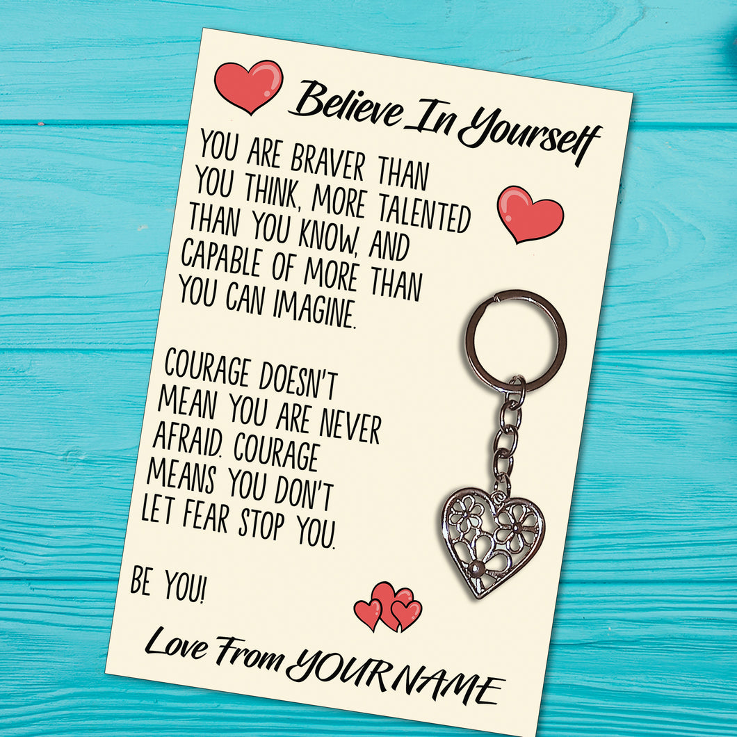 Personalised Believe In Yourself Tibetan Love Heart Metal Keyring/Bag Tag, Send Love from Me to You Gift