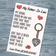 Load image into Gallery viewer, Personalised Father-In-Law Tibetan Love Heart Metal Keyring/Bag Tag, Send Love from Me to You Gift
