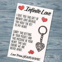 Load image into Gallery viewer, Personalised Infinite Love Tibetan Heart Metal Keyring/Bag Tag, Send Love from Me to You Gift
