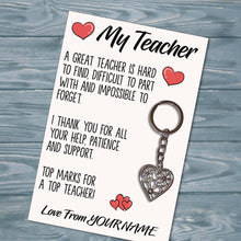 Load image into Gallery viewer, Personalised Teacher Tibetan Love Heart Metal Keyring/Bag Tag, Send Love from Me to You Gift
