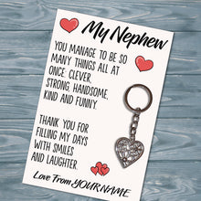 Load image into Gallery viewer, Personalised Nephew Tibetan Love Heart Metal Keyring/Bag Tag, Send Love from Me to You Gift
