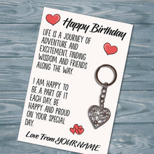 Load image into Gallery viewer, Personalised Happy Birthday Tibetan Love Heart Metal Keyring/Bag Tag, Send Love from Me to You Gift
