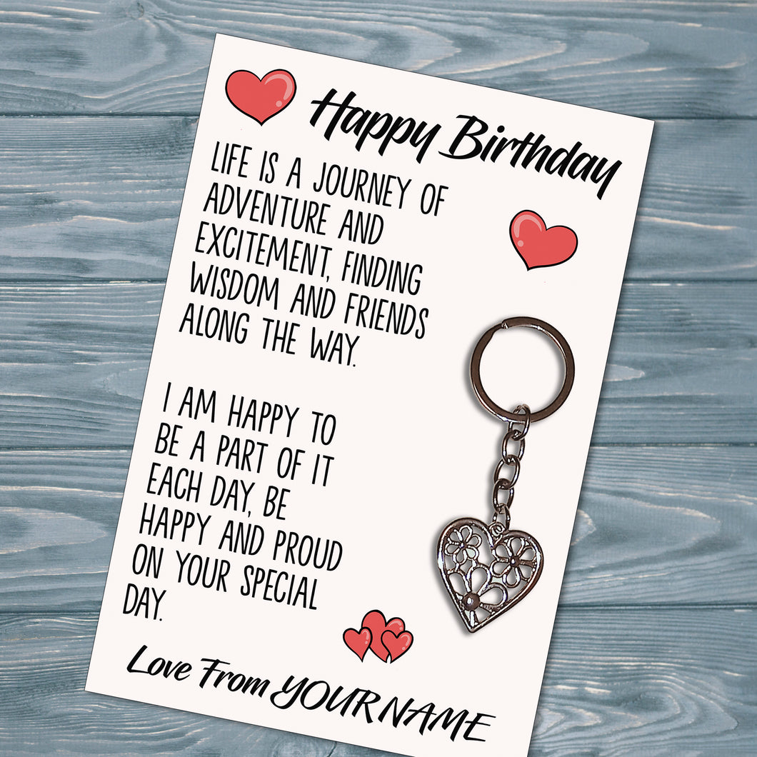 Personalised Happy Birthday Tibetan Love Heart Metal Keyring/Bag Tag, Send Love from Me to You Gift