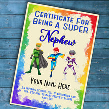 Load image into Gallery viewer, Personalised Super Nephew Superhero Certificate, Kids Birthday/Christmas Gift
