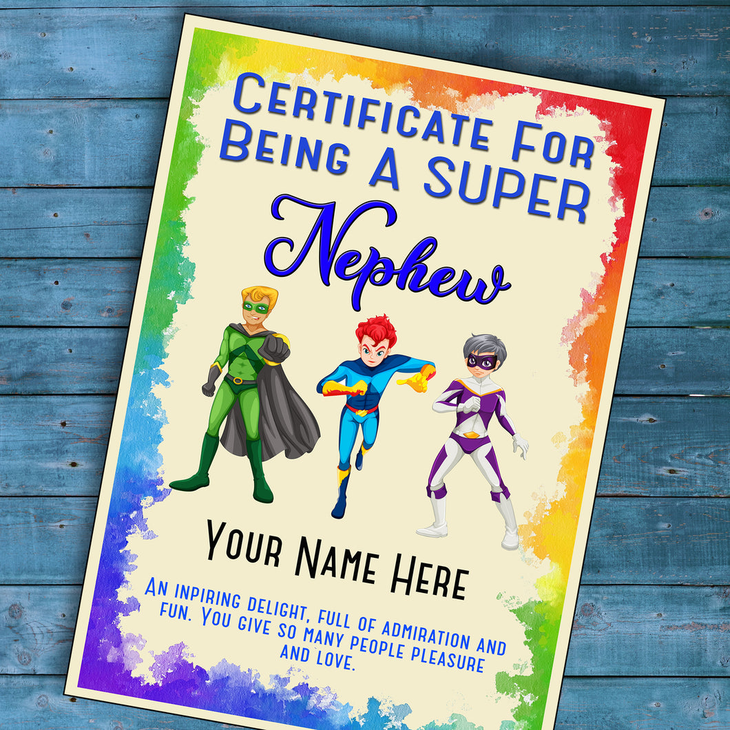 Personalised Super Nephew Superhero Certificate, Kids Birthday/Christmas Gift