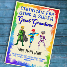 Load image into Gallery viewer, Personalised Super Great Grandson Superhero Certificate, Kids Birthday/Christmas Gift
