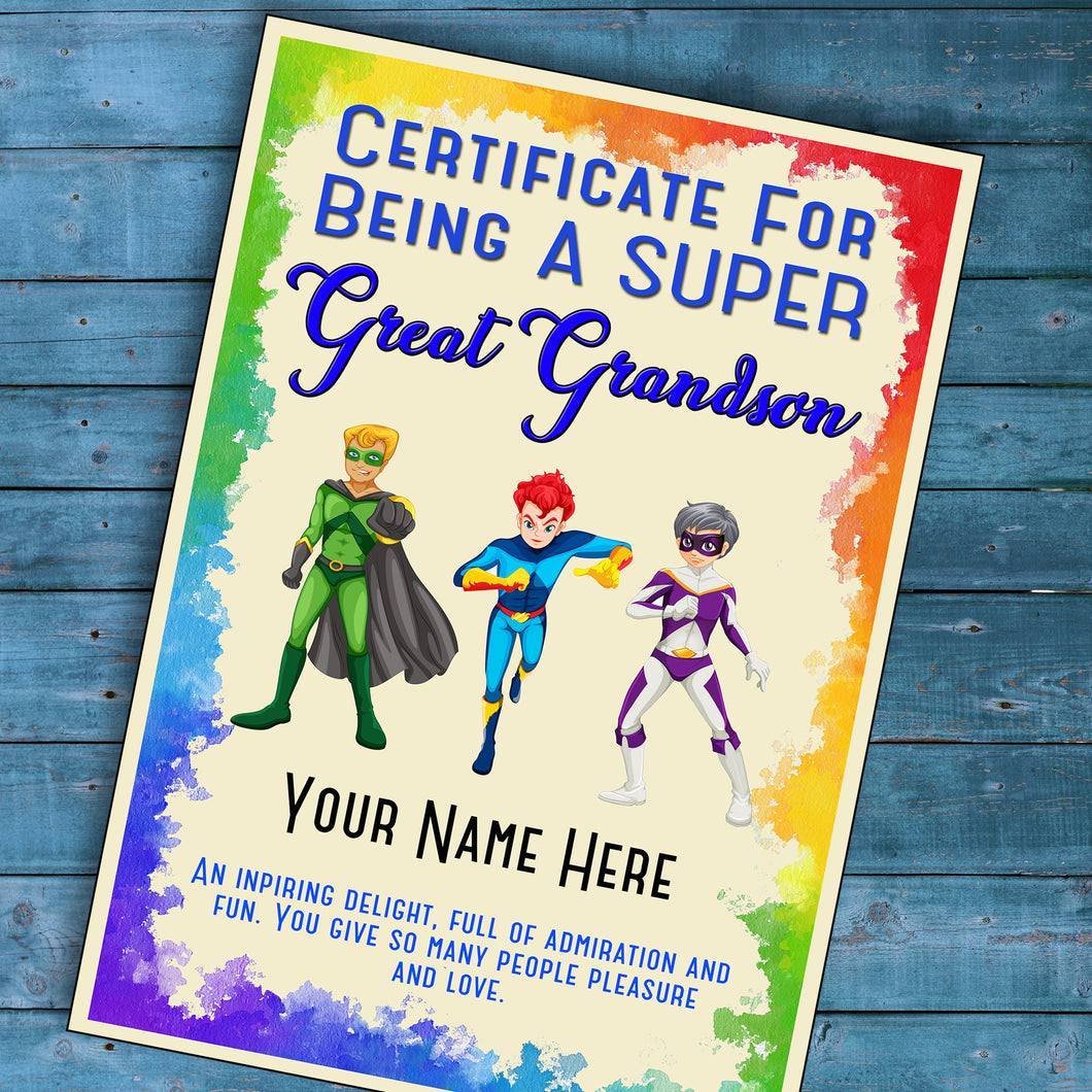 Personalised Super Great Grandson Superhero Certificate, Kids Birthday/Christmas Gift