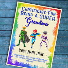 Load image into Gallery viewer, Personalised Super Grandson Superhero Certificate, Kids Birthday/Christmas Gift
