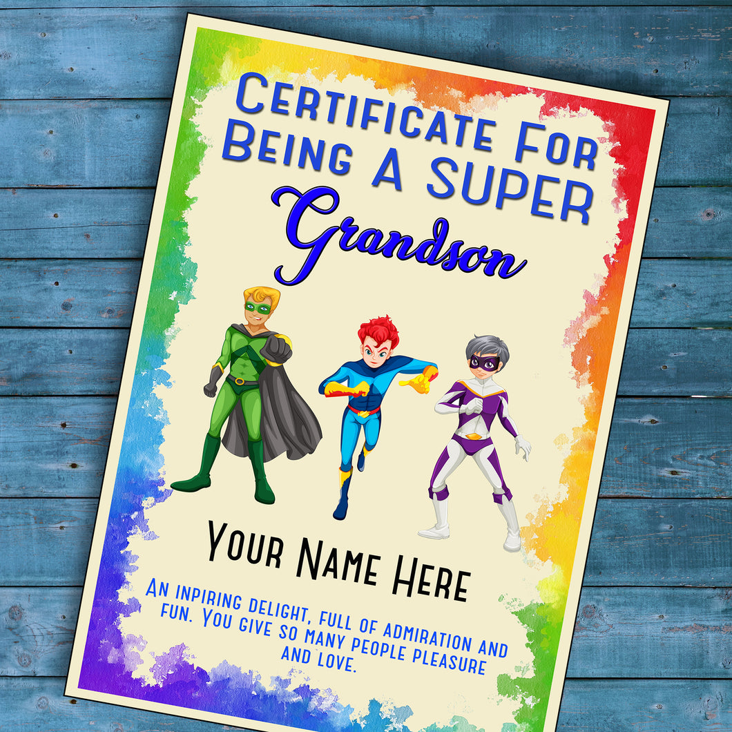 Personalised Super Grandson Superhero Certificate, Kids Birthday/Christmas Gift