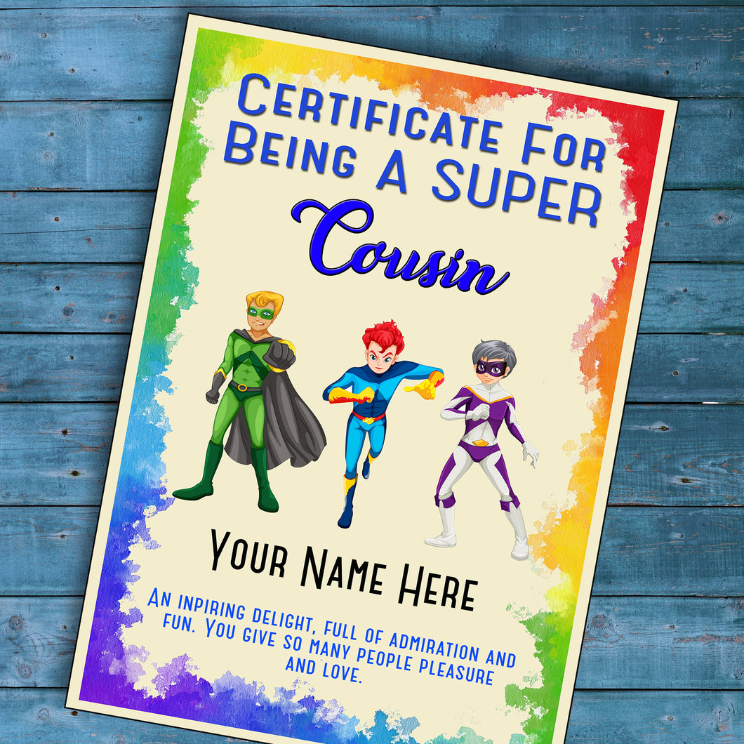 Personalised Super Cousin Superhero Certificate, Kids Birthday/Christmas Gift