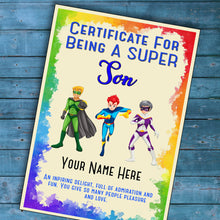 Load image into Gallery viewer, Personalised Super Son Superhero Certificate, Kids Birthday/Christmas Gift
