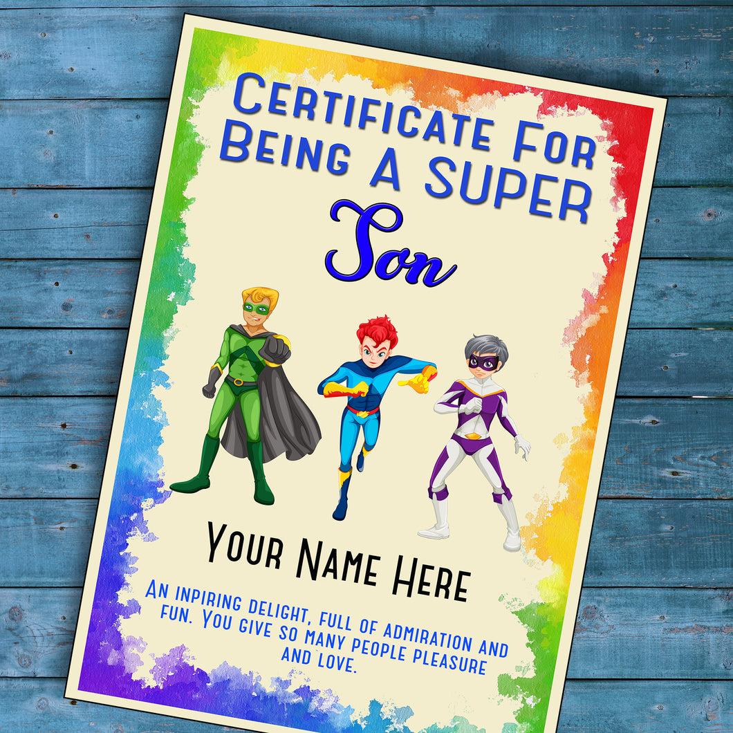 Personalised Super Son Superhero Certificate, Kids Birthday/Christmas Gift