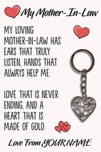 Load image into Gallery viewer, Personalised Mother-In-Law Tibetan Love Heart Metal Keyring/Bag Tag, Send Love from Me to You Gift
