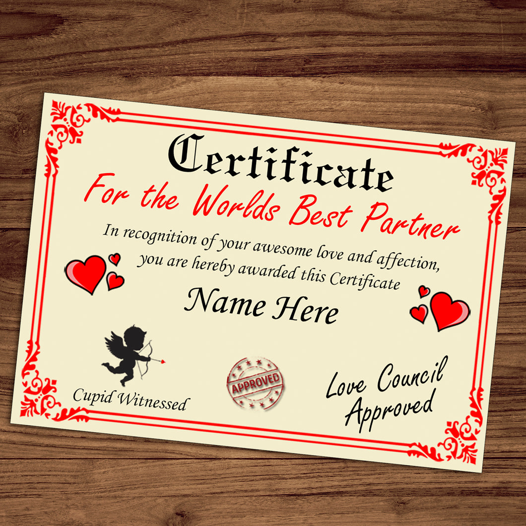Personalised Best Partner Certificate, Perfect Birthday, Valentine's Day, Anniversary Partner Gift/Print