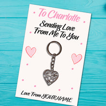 Load image into Gallery viewer, Personalised Tibetan Love Heart Metal Keyring/Bag Tag, Send Love from Me to You Gift
