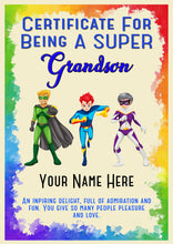 Load image into Gallery viewer, Personalised Super Grandson Superhero Certificate, Kids Birthday/Christmas Gift
