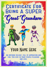 Load image into Gallery viewer, Personalised Super Great Grandson Superhero Certificate, Kids Birthday/Christmas Gift
