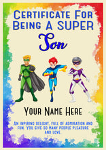 Load image into Gallery viewer, Personalised Super Son Superhero Certificate, Kids Birthday/Christmas Gift
