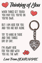 Load image into Gallery viewer, Personalised Thinking Of You Tibetan Love Heart Metal Keyring/Bag Tag, Send Love from Me to You Gift
