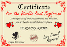 Load image into Gallery viewer, Personalised Best Boyfriend Certificate, Perfect Birthday, Valentine&#39;s Day, Anniversary Boyfriend Gift/Print
