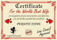 Load image into Gallery viewer, Personalised Best Wife Certificate, Perfect Birthday, Valentine&#39;s Day, Anniversary Wife Gift/Print
