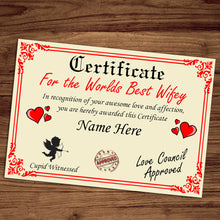 Load image into Gallery viewer, Personalised Best Wifey Certificate, Perfect Birthday, Valentine&#39;s Day, Anniversary Wifey Gift/Print
