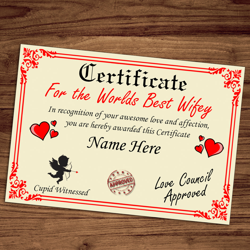 Personalised Best Wifey Certificate, Perfect Birthday, Valentine's Day, Anniversary Wifey Gift/Print