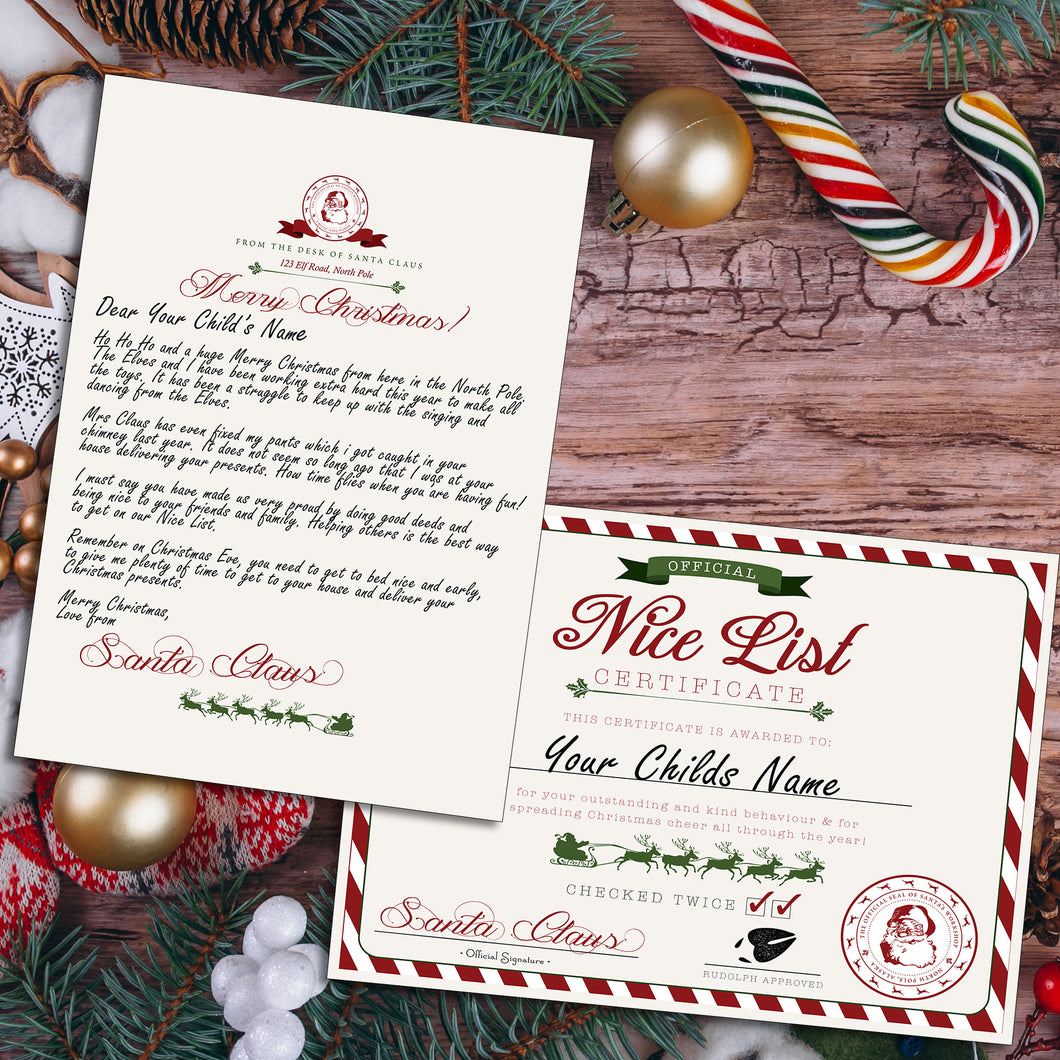 Personalised Christmas Letter From Santa Claus & Nice List Certificate