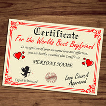 Load image into Gallery viewer, Personalised Best Boyfriend Certificate, Perfect Birthday, Valentine&#39;s Day, Anniversary Boyfriend Gift/Print
