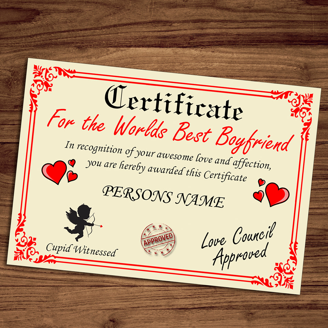 Personalised Best Boyfriend Certificate, Perfect Birthday, Valentine's Day, Anniversary Boyfriend Gift/Print