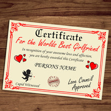Load image into Gallery viewer, Personalised Best Girlfriend Certificate, Perfect Birthday, Valentine&#39;s Day, Anniversary Girlfriend Gift/Print
