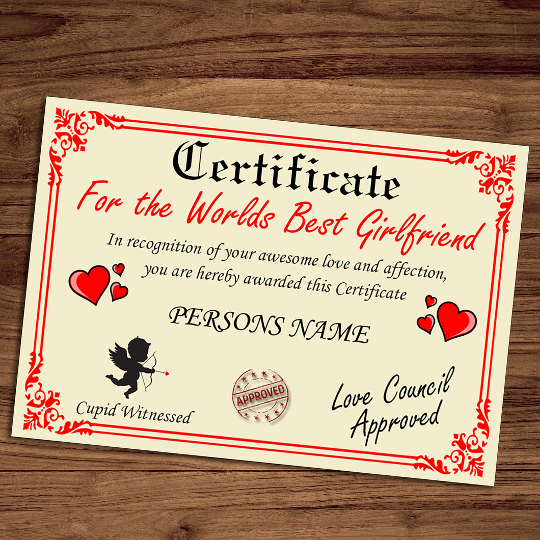 Personalised Best Girlfriend Certificate, Perfect Birthday, Valentine's Day, Anniversary Girlfriend Gift/Print