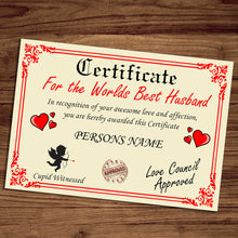 Load image into Gallery viewer, Personalised Best Husband Certificate, Perfect Birthday, Valentine&#39;s Day, Anniversary Husband Gift/Print
