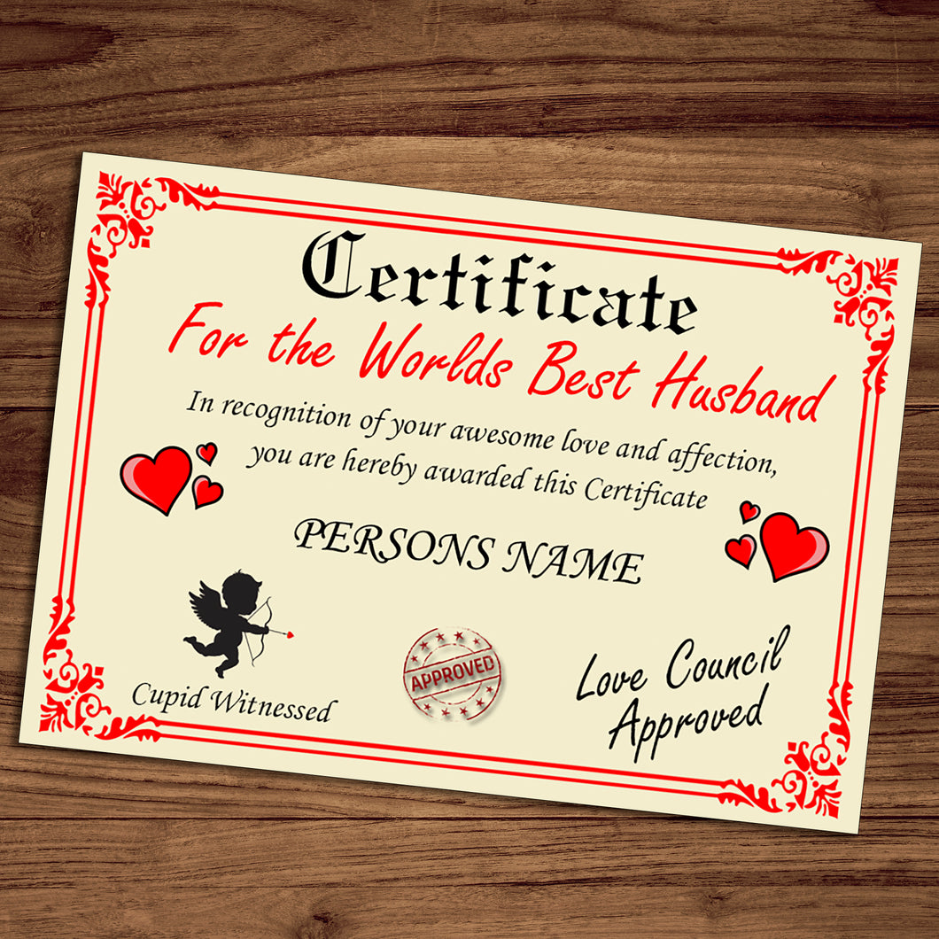 Personalised Best Husband Certificate, Perfect Birthday, Valentine's Day, Anniversary Husband Gift/Print