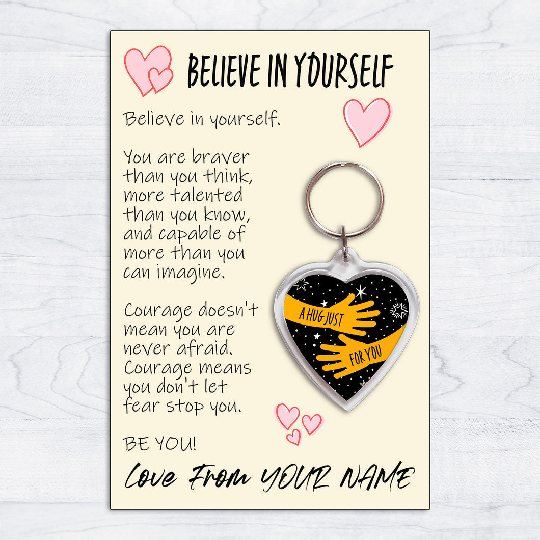Personalised Believe In Yourself Pocket Hug Keyring/Bag Tag, Send a Hug from Me to You Gift