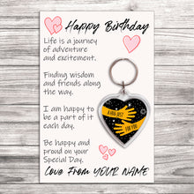 Load image into Gallery viewer, Personalised Happy Birthday Pocket Hug Keyring/Bag Tag, Send a Hug from Me to You Gift
