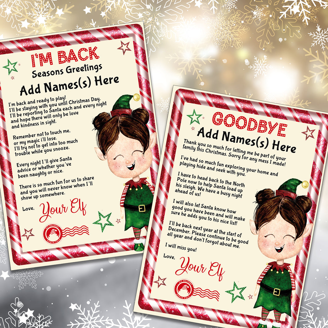 Female Elf Hello I'm Back & Goodbye Personalised Printed Letters, Female Elf Letter, Elf Kit, Santa's Elf, Kids Christmas Gifts