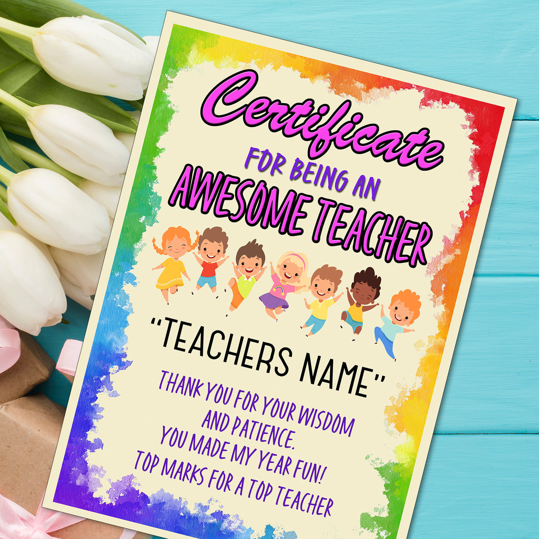 Personalised Awesome Teacher Certificate, End of Term Certificate Gift, Teacher Gift