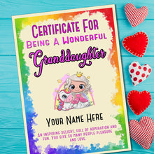 Load image into Gallery viewer, Personalised Wonderful Granddaugther Princess/Unicorn Certificate, Kids Birthday/Christmas Gift
