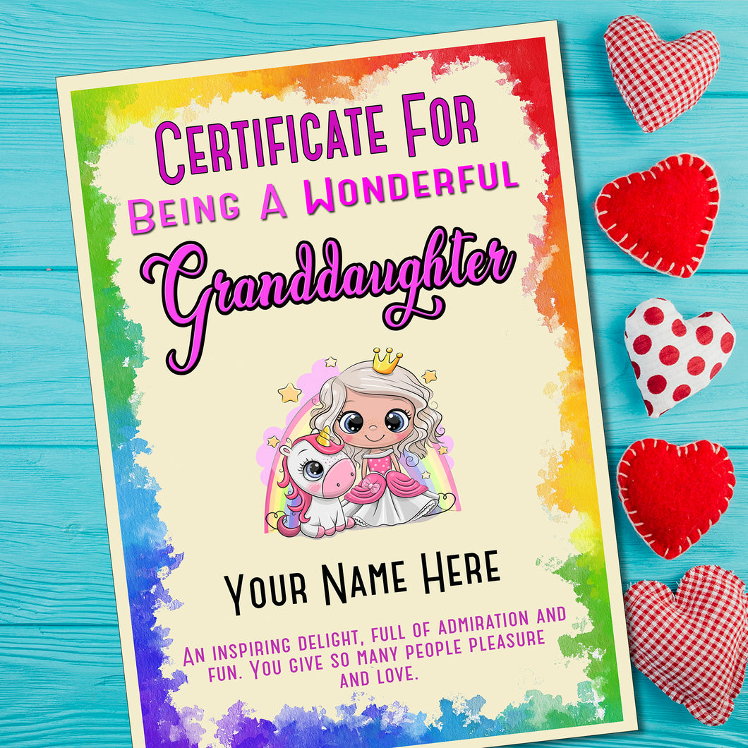 Personalised Wonderful Granddaugther Princess/Unicorn Certificate, Kids Birthday/Christmas Gift