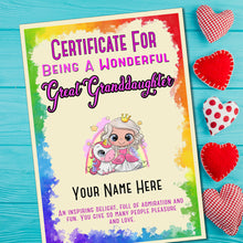 Load image into Gallery viewer, Personalised Wonderful Great Granddaughter Princess/Unicorn Certificate, Kids Birthday/Christmas Gift
