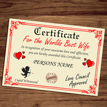 Load image into Gallery viewer, Personalised Best Wife Certificate, Perfect Birthday, Valentine&#39;s Day, Anniversary Wife Gift/Print
