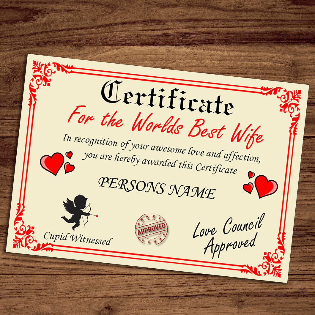 Personalised Best Wife Certificate, Perfect Birthday, Valentine's Day, Anniversary Wife Gift/Print