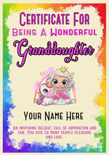 Load image into Gallery viewer, Personalised Wonderful Granddaugther Princess/Unicorn Certificate, Kids Birthday/Christmas Gift
